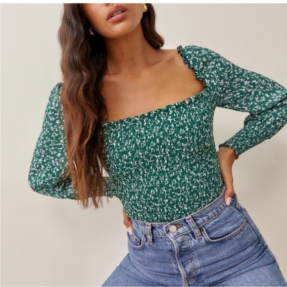 Reformation green floral pinto long sleeve smocked blouse top XS - Picture 6 of 14